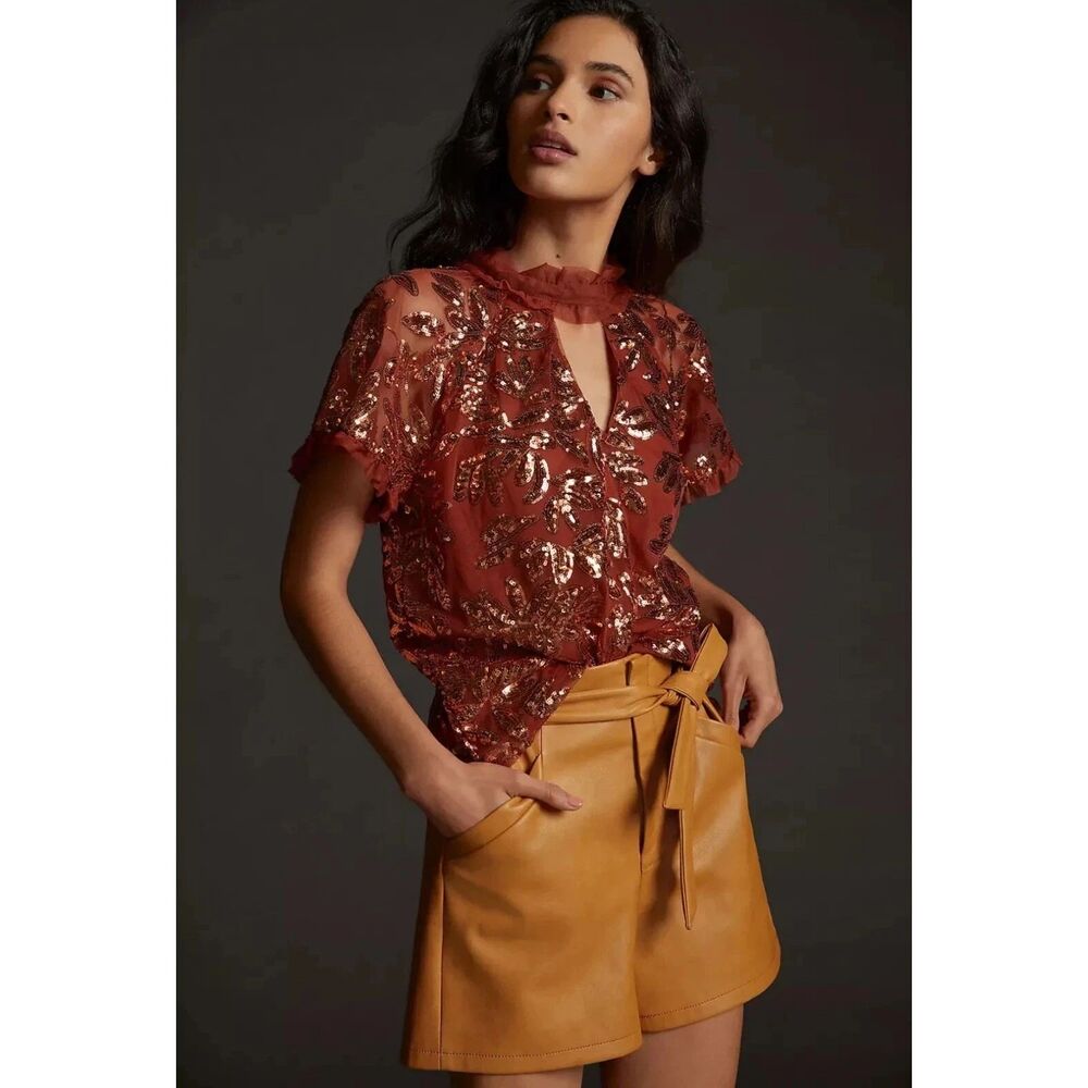 Anthropologie Burnt Orange Floral Sequin Cut Out Blouse Top Womens Size Medium